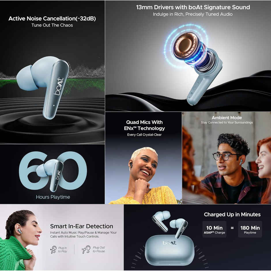 boAt Airdopes 280 ANC TWS Earbuds with mic, Active Noise Cancellation(32dB), 60Hrs Battery, 13mm Drivers, 4Mics ENx, Fast Charge, IPX5, v5.3 Bluetooth Earbuds - Mint Blue