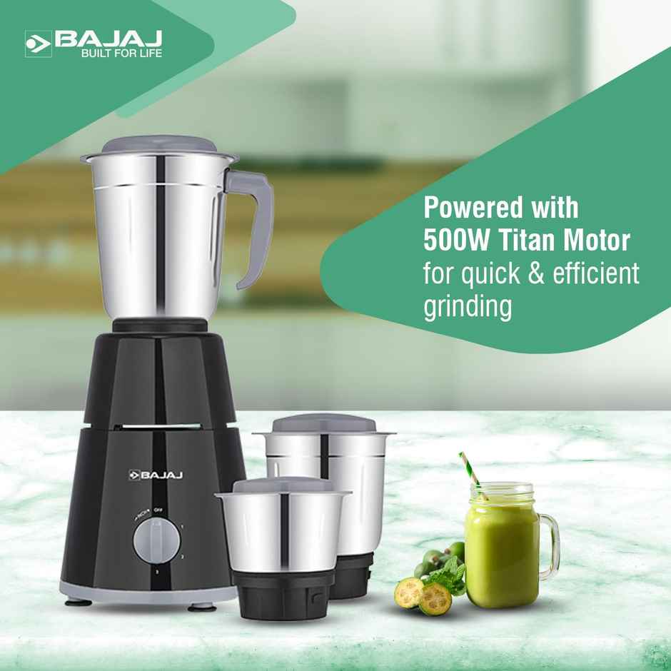 Bajaj GX-1 Mixer Grinder 500W | Superior Mixie For Kitchen |3 Stainless Steel Mixer Jars, 2-In-1 For Dry Grinding |Blade Function With Titan Motor,  Black