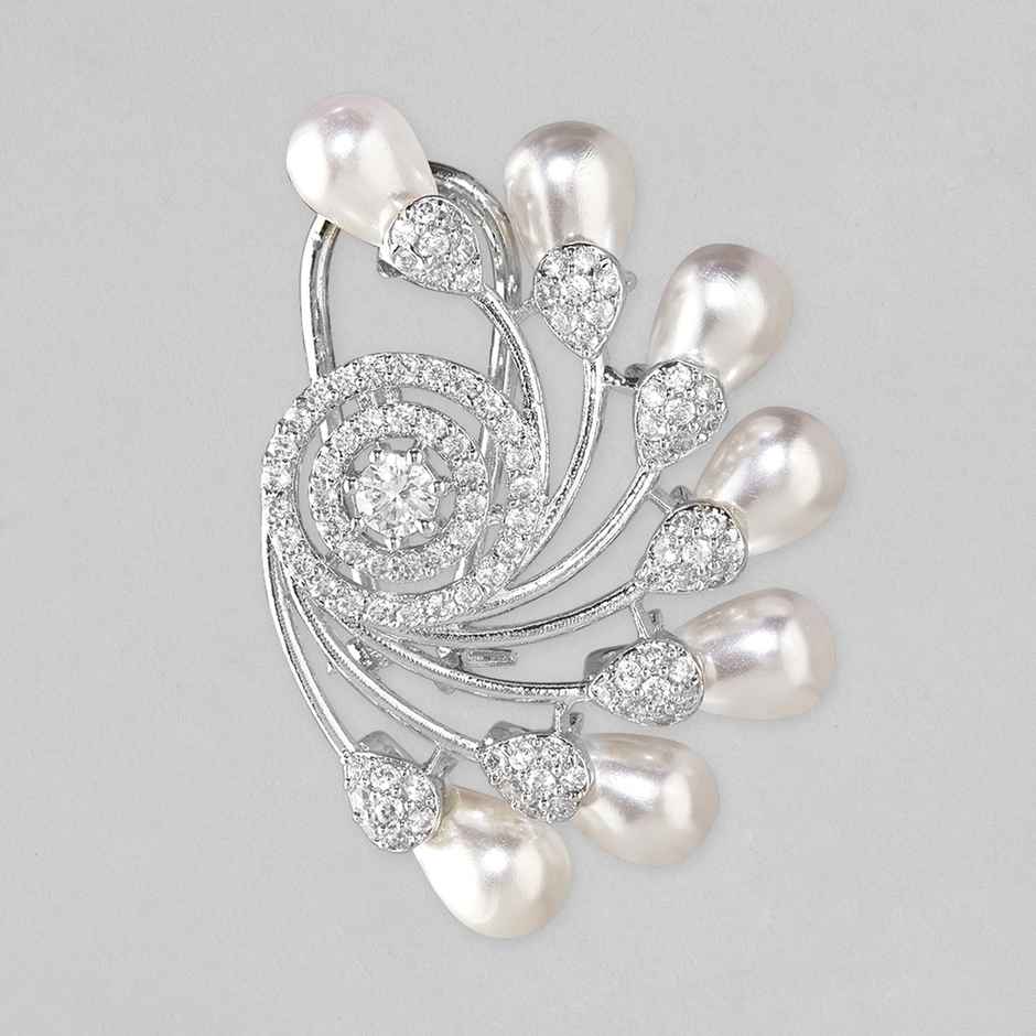 Rubans Silver-Plated Pearls and Cubic Zirconia Studded Oversized Premium Floral Stud Earring