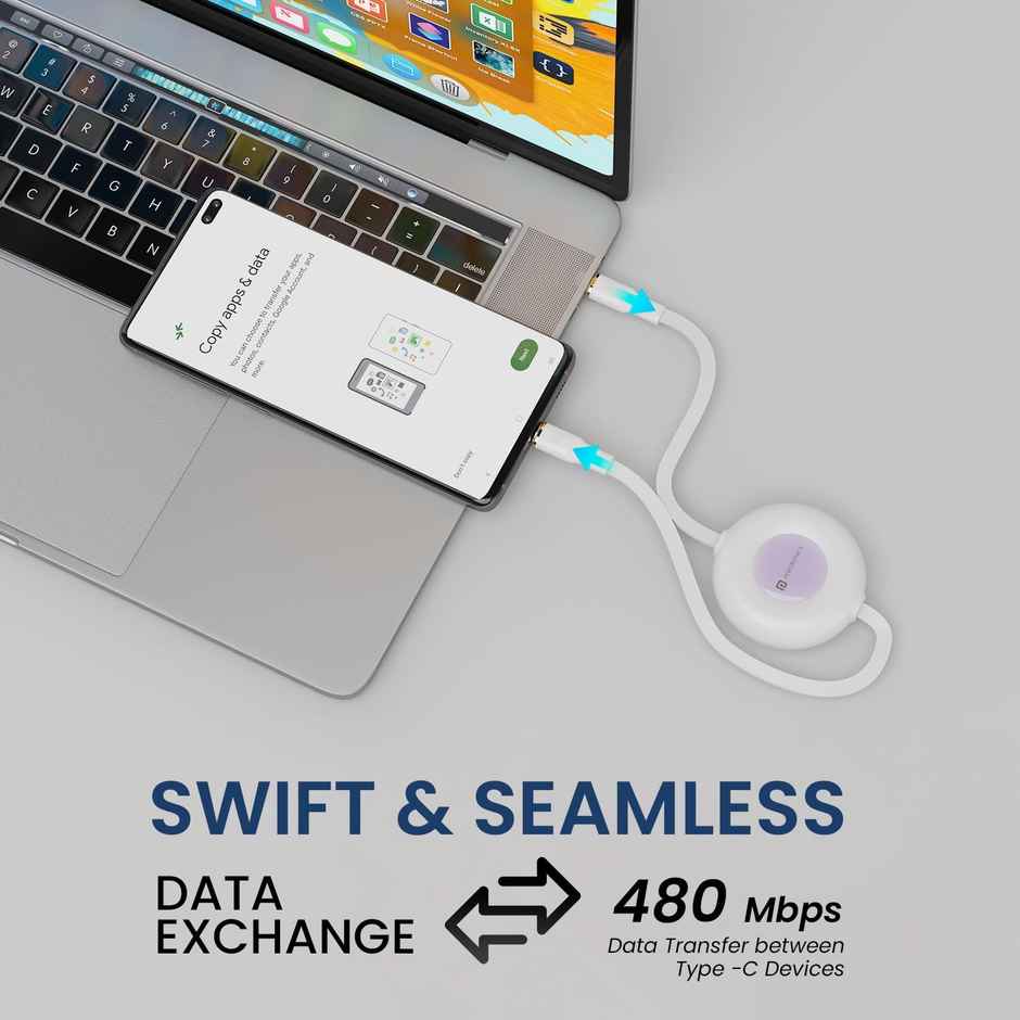 Portronics Upgraded Konnect Recoil 100W Type C to Type C Retractable Cable,Pd Fast Charging,Retractable Charging Cable,Fast Data Transfer,Compatibility with iPhone 15 Series&Type C Smartphones - White