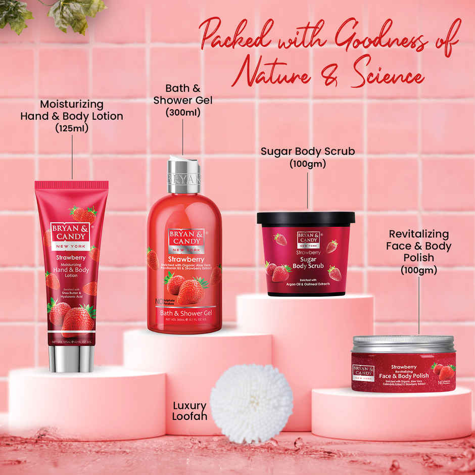 Bryan & Candy Strawberry Bath Tub Kit Gift Set | Complete Home Spa Experience | Pack Of 4