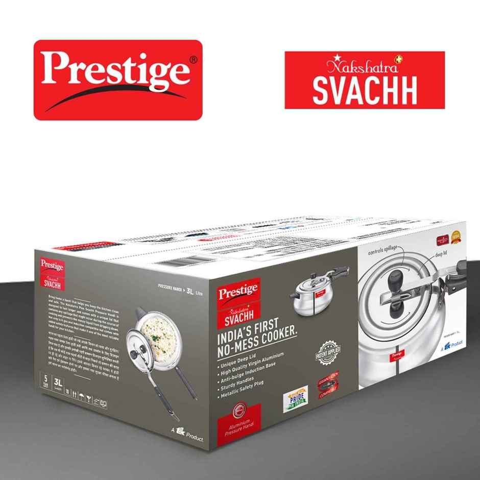 Prestige Nakshatra Plus Svachh Aluminium Pressure Cooker Handi 3L,Unique Deep Lid,5Y Warranty,Silver