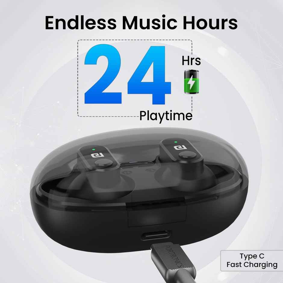 Portronics Harmonics Twins S16 in Ear TWS Wireless Earbuds with 24 Hrs Playtime, Clear Calls, Game & Music Mode, Low Latency, Bluetooth 5.3v, LED Display, Type C Fast Charging - Black