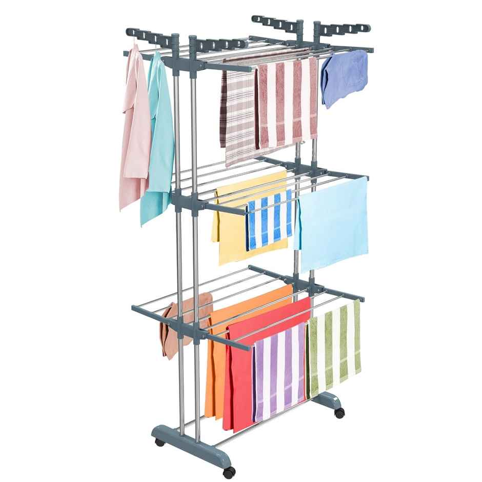 Limetro Steel Stainless Steel Double Pole 3 Layer Cloth Drying Stand with Hanger