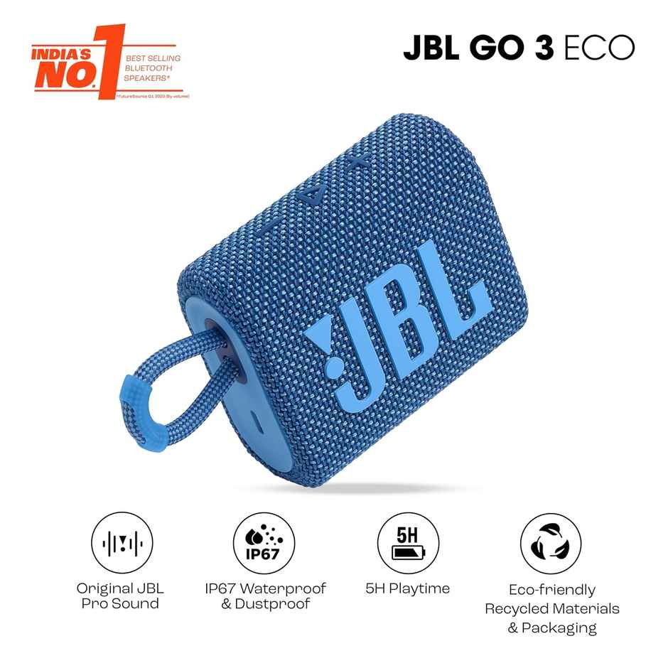 JBL Go 3 Eco with eco-Friendly Recycled Materials and Packaging, Without Mic, Wireless Portable Bluetooth Speaker, Pro Sound, Vibrant Colors with Rugged Fabric Design, Waterproof, Type C - Blue