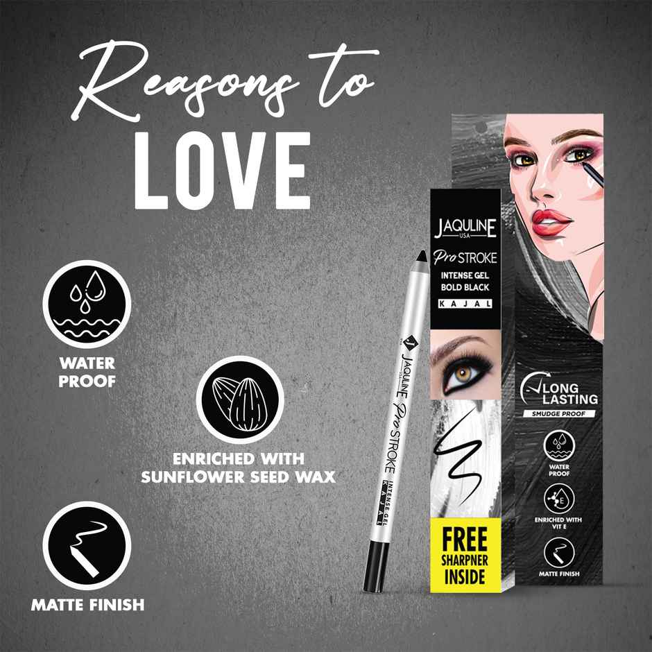 Jaquline USA Pro Stroke Intense Gel Kajal | Waterproof | Matte Finish | Matte Black