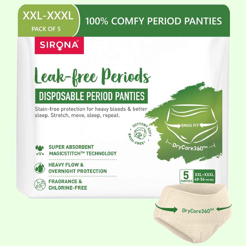 Sirona Disposable Period Panties 2XL-3XL, 5x More Absorption, 100% Rash Free, Leak-Proof Combo