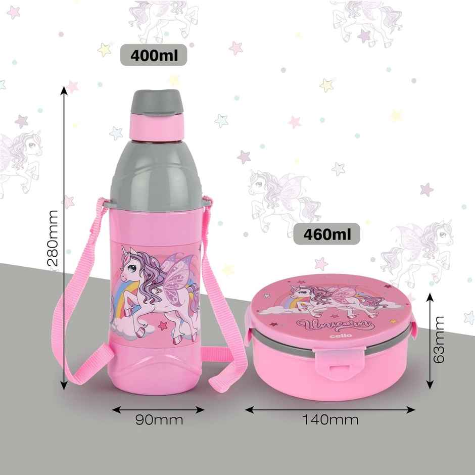 CELLO Tiffy Unicorn Gift Set Insulated Lunch Box & Bottle | Box 460 ml Bottle 400 ml, Pink & Grey