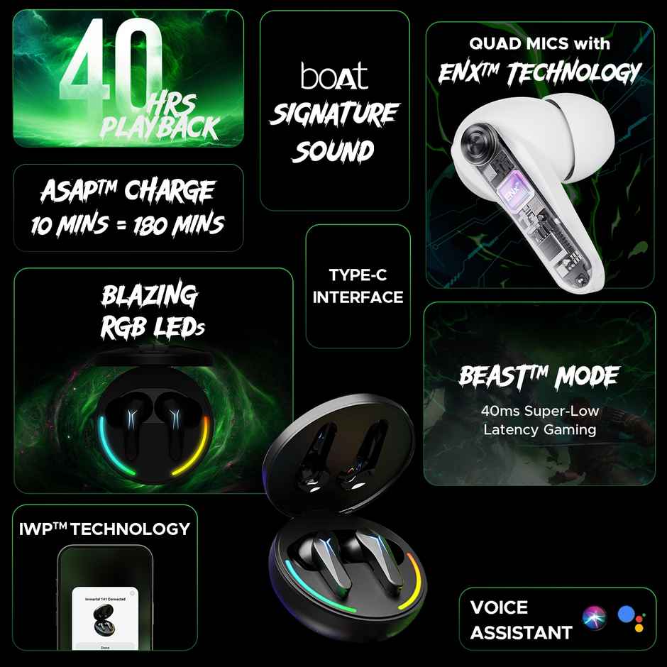 boAt Immortal 141 TWS Earbuds with mic, ENx Tech, 40HRS Battery, Low Latency Mode, Fast Charge, IPX4, IWP Tech, RBG Lights, v5.3 Bluetooth Gaming Earbuds - White Sabre