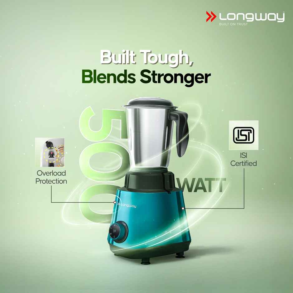 Longway Roto Max 500W Mixer Grinder + 1100W Dry Iron | 3 Jars | Powerful Motor | Teal & Black |Combo
