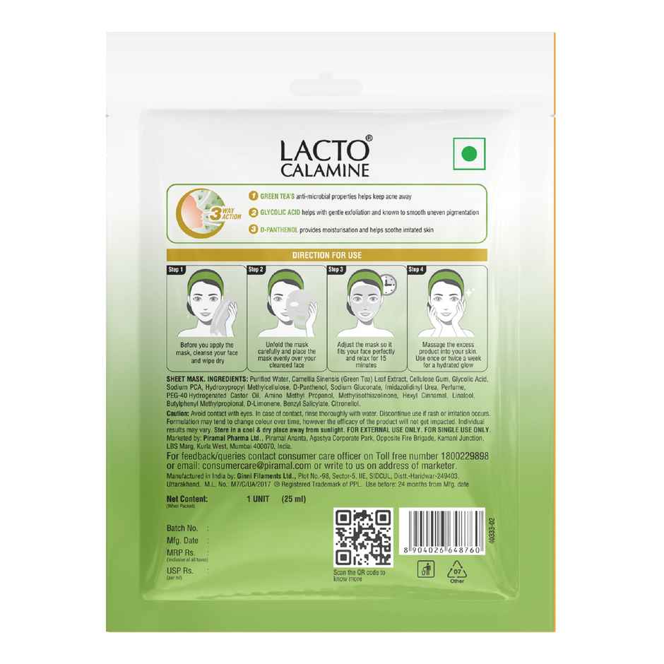Lacto Calamine Green Tea Face Sheet Mask for Hydration, Calm & Clear Skin that Soothes Acne