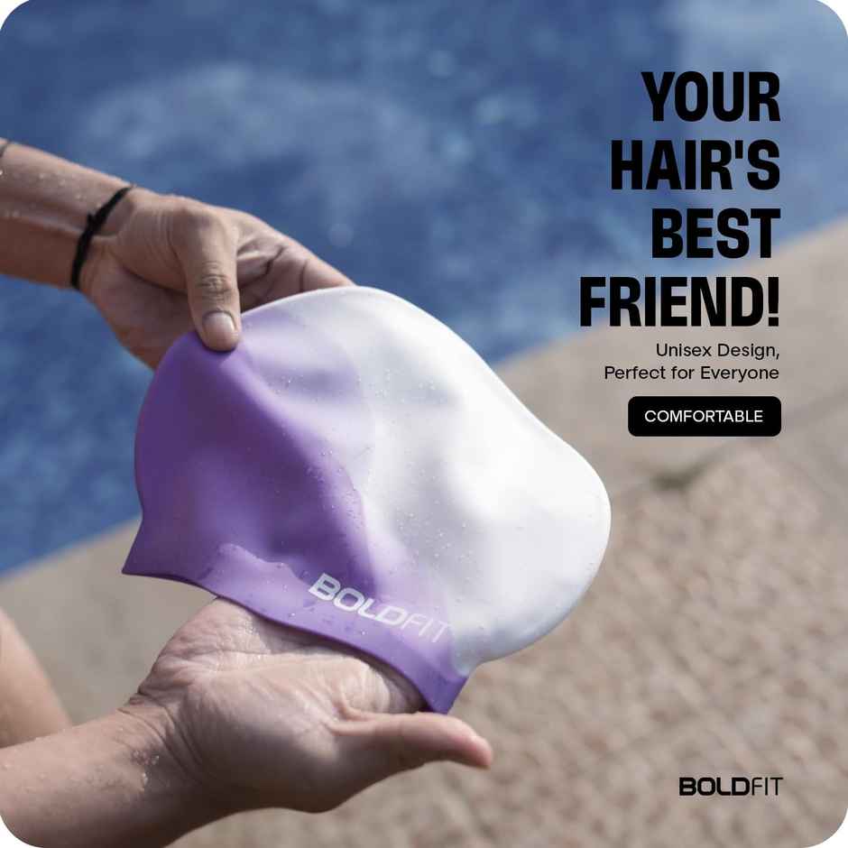 Boldfit Silicone Swimming Cap for Unisex Cap for Kids & Adults Easy Fit - White, Purple