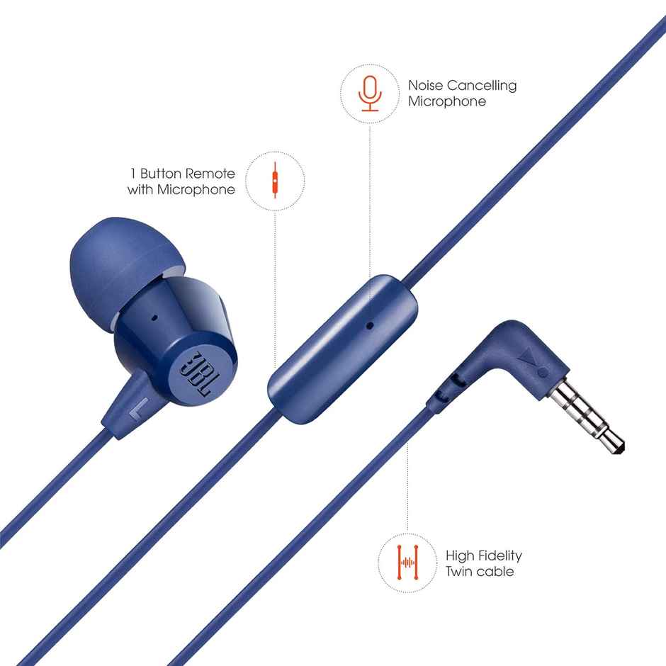 JBL C50HI, Wired in Ear Headphones with Mic, 3.5mm Audio Jack, One Button Multi-Function Remote, Lightweight & Comfortable fit - Blue