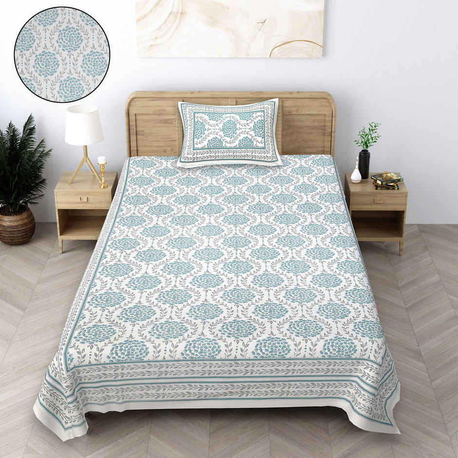 BAY6 100% Cotton Single Rajasthani Bedsheet - 90 in x 60 in - Floral Teal Design with Leaves