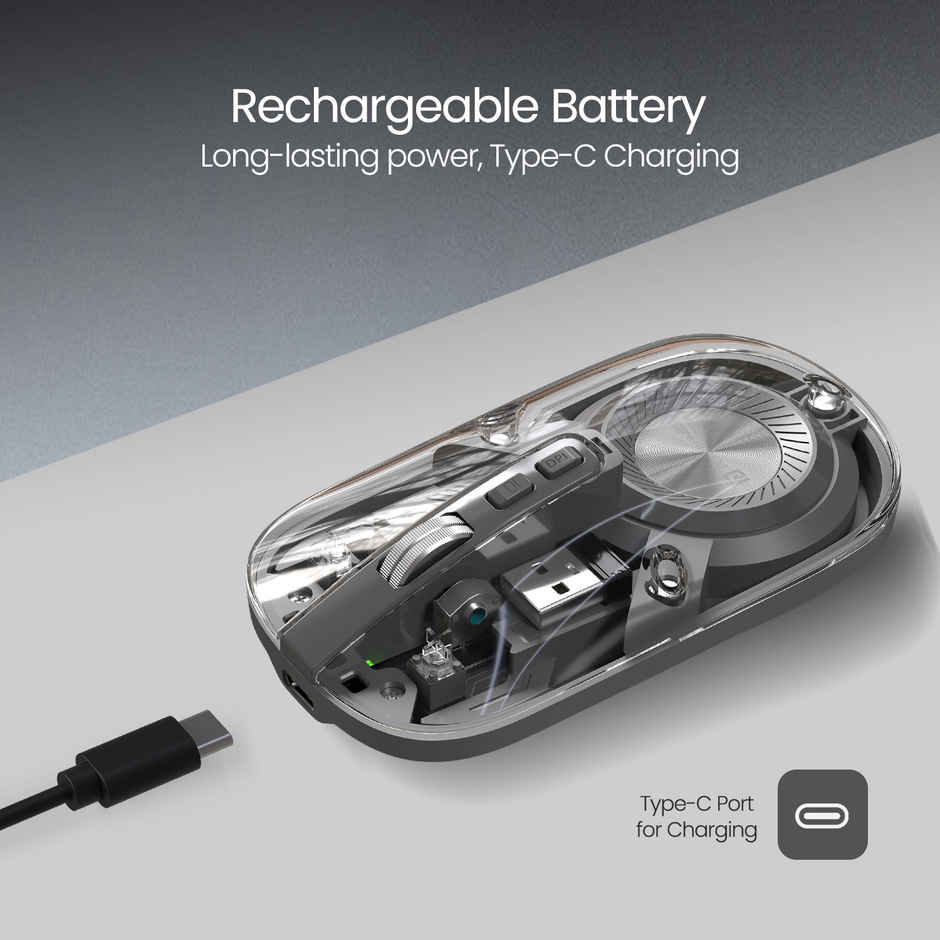 Portronics Toad 8 Transparent Wireless Bluetooth Mouse with Rechargeable Battery | Grey