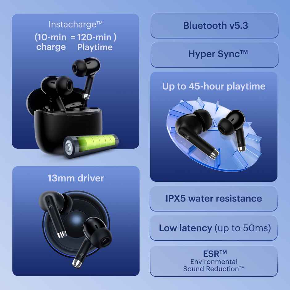 Noise Buds Aero TWS Earbuds with 45hrs Playtime, Instacharge and 13mm Driver Truly Wireless Earbuds, Bluetooth 5.3v - Charcoal Black