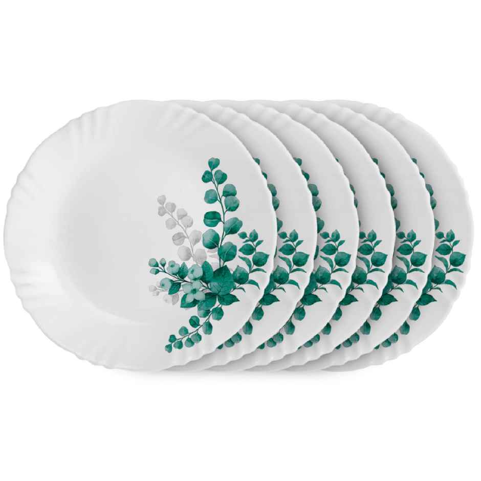 Cello Imperial Aqua Leaves Dinner Plate 11Inch Full Plate Set Of 6 Opal Glass White