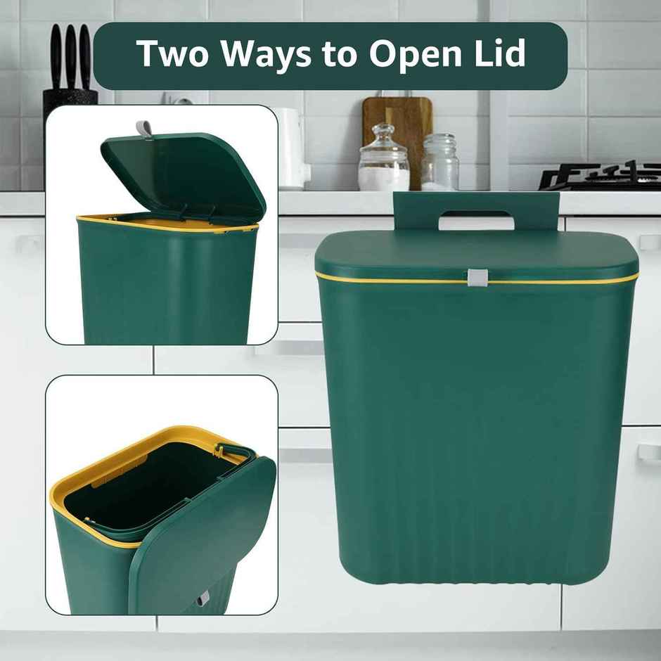 House of Quirk Plastic Hanging Trash Can with Lid Double Sided Open Design Cabinet Door | Green