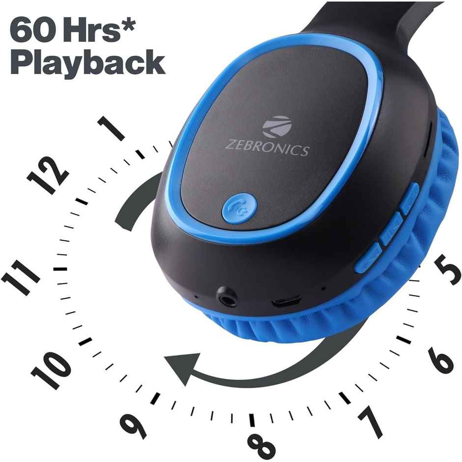 Zebronics Thunder BT 5.3 Headphone, 60H, Gaming Mode, Dual Pairing, ENC, AUX, mSD, Voice Asst(Blue)