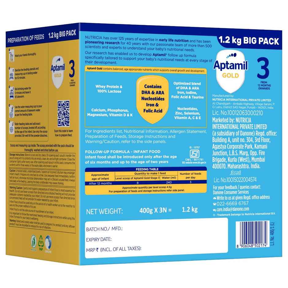Aptamil Gold Infant Formula Milk Powder For Babies - Stage 3 | 12-24 Months | 1.2 Kgs - Large Pack