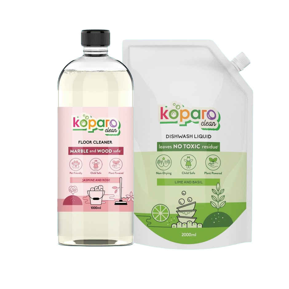 Koparo Clean Jasmine & Rose Floor Cleaner | Marble-Safe & Pet-Safe (1L) & Koparo Clean Dishwash Liquid (2L) Combo