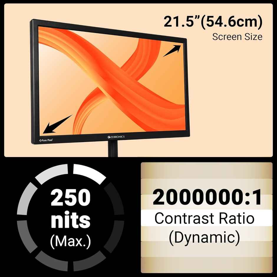 Zebronics EA122 21.5" FHD LED Monitor | 1920x1080 | 250 Nits | HDMI & VGA | 16:9 | Wall Mount