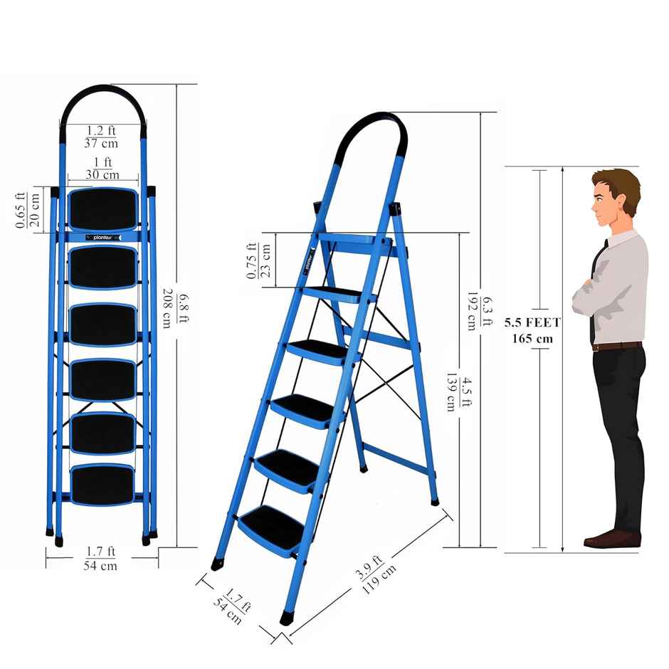 Plantex Premium 6 Step Foldable Steel Ladder with Non-Slip Handgrip - Blue and Black