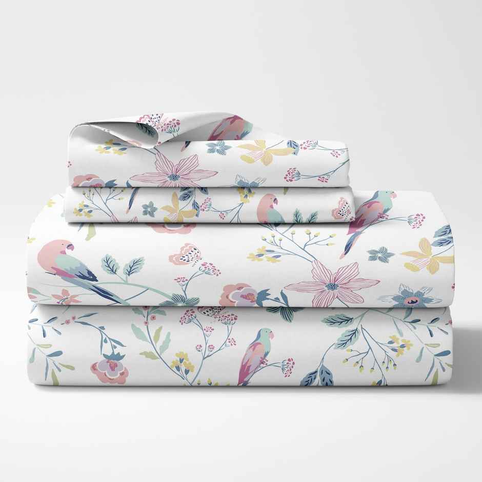 Haus & Kinder Exotic Wings King 100% Cotton Floral Bedsheet | White & Pink | 108 x 108 in