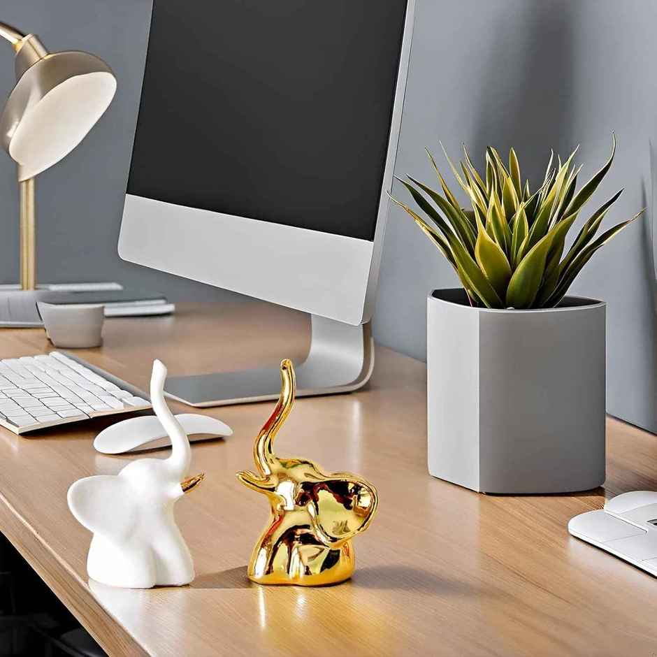 TIED RIBBONS Elephant Showpiece | White & Golden - 4.5 in x 2.7 in
