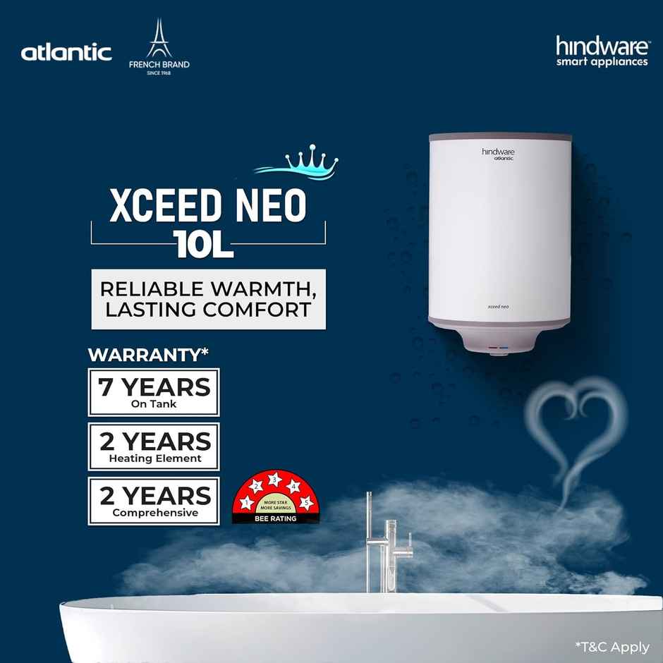 Hindware Smart Appliances Xceed Neo 10L, 2Kw, Glasslined Coated Tank, Storage Water Heater, White