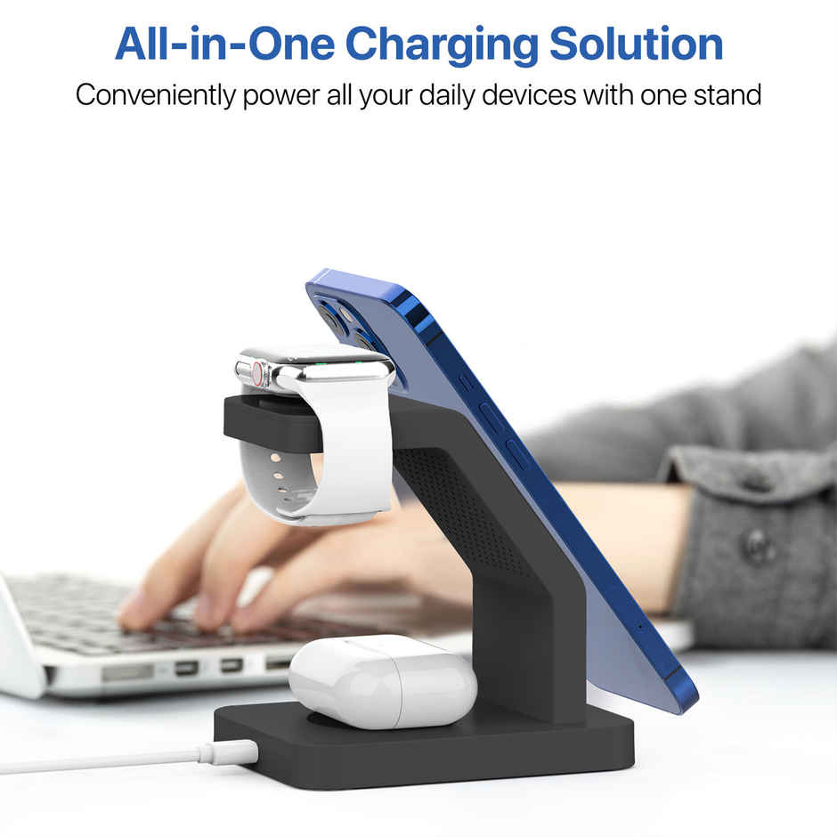 3-in-1 Wireless Charger | 23 W Output | Type C Connector Type | Magnetic MagSafe Charge | For iPhone, Apple Watch, Airpods | Black