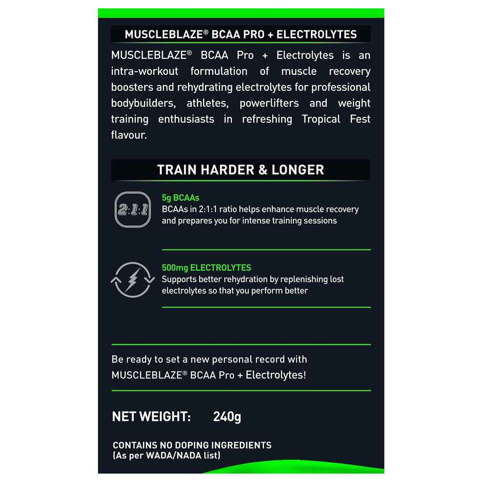 MuscleBlaze BCAA Pro Powder, Powerful Intra Workout (Tropical Fest, 30 Servings)