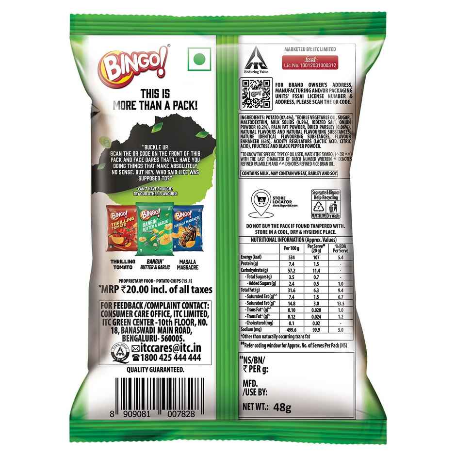 Bingo! Potato Chips | Cream & Onion Chips | Crispy & Crunchy Chips Pack for Snacks
