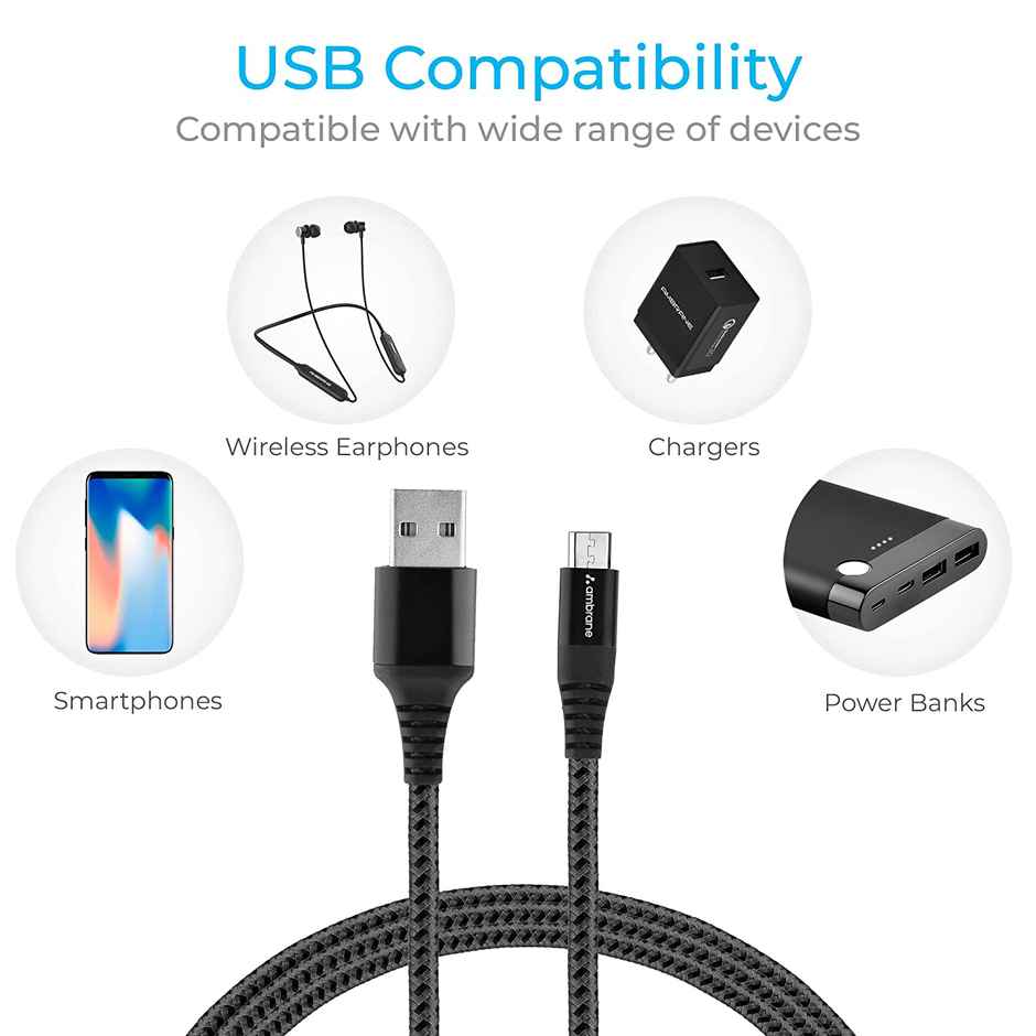 Ambrane RCM15 Unbreakable 60W / 3A Fast Charging 1.5m Braided USB to Micro USB Cable| Black