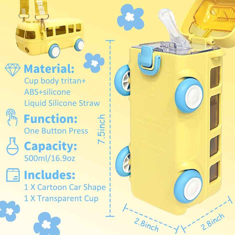 ReeQ Kid's Bus Shape Water Bottle | Yellow - 500 ml