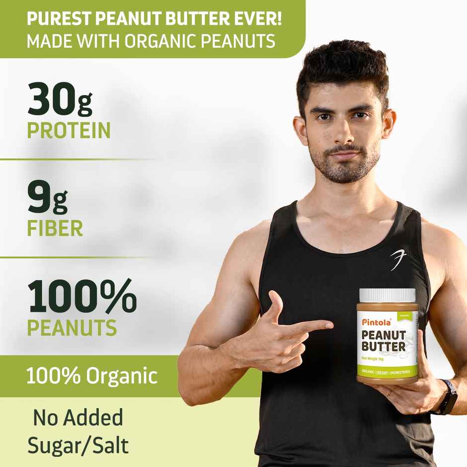 Pintola Organic Unsweetened Peanut Butter Crunchy - High Protein 30G & 9G Dietary Fiber