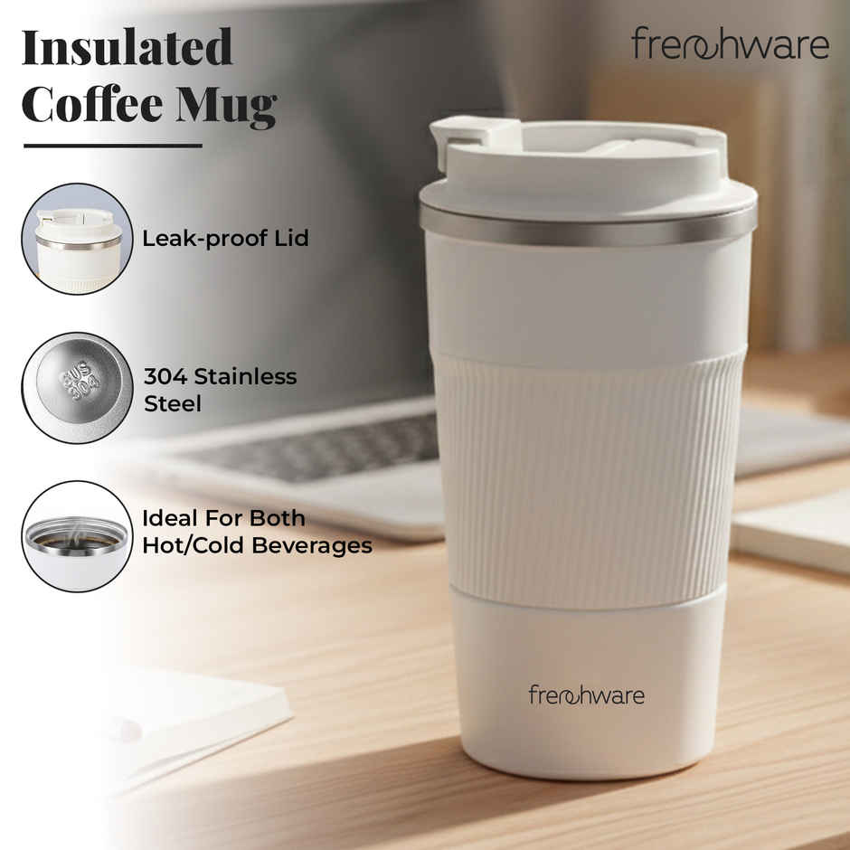 Frenchware Insulated Coffee Mug 510 ml, Double Wall Vacuum, Leakproof Lid - White