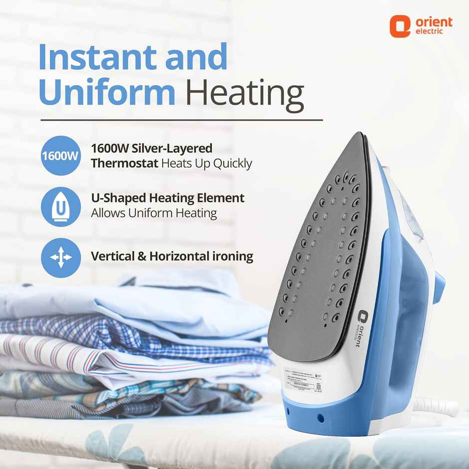 Orient Electric FabriFeel Steam iron, 1600W, Non-stick Weilburger coating, 360-degree swivel cord, Vertical & Horizontal Ironing - Blue and White