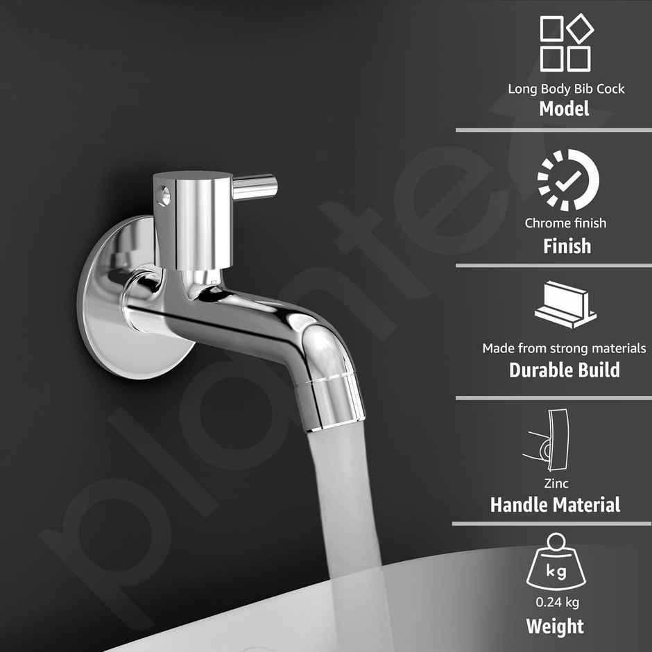 Plantex Single Lever Long Body Bib Cock Tap for Wash Basin with Wall Flange - Chrome Finish