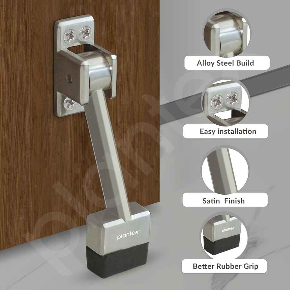 Plantex Heavy Duty Door Stopper with Rubber Grip for Wooden Doors - Silver Matt Finish
