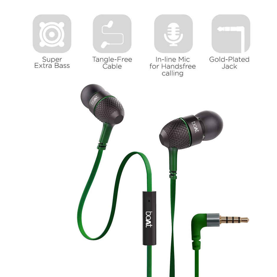 boAt Bassheads 180 in ear Earphones w/ Super Extra Bass, One Button Mic(Forest Green)