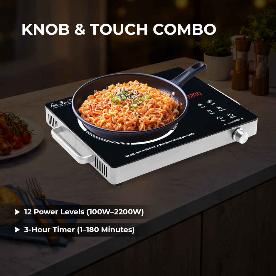 Cadlec Heat Mate 2200W Infrared Cooktop with Grill Rack | Crystal Glass & Touch Control | Black