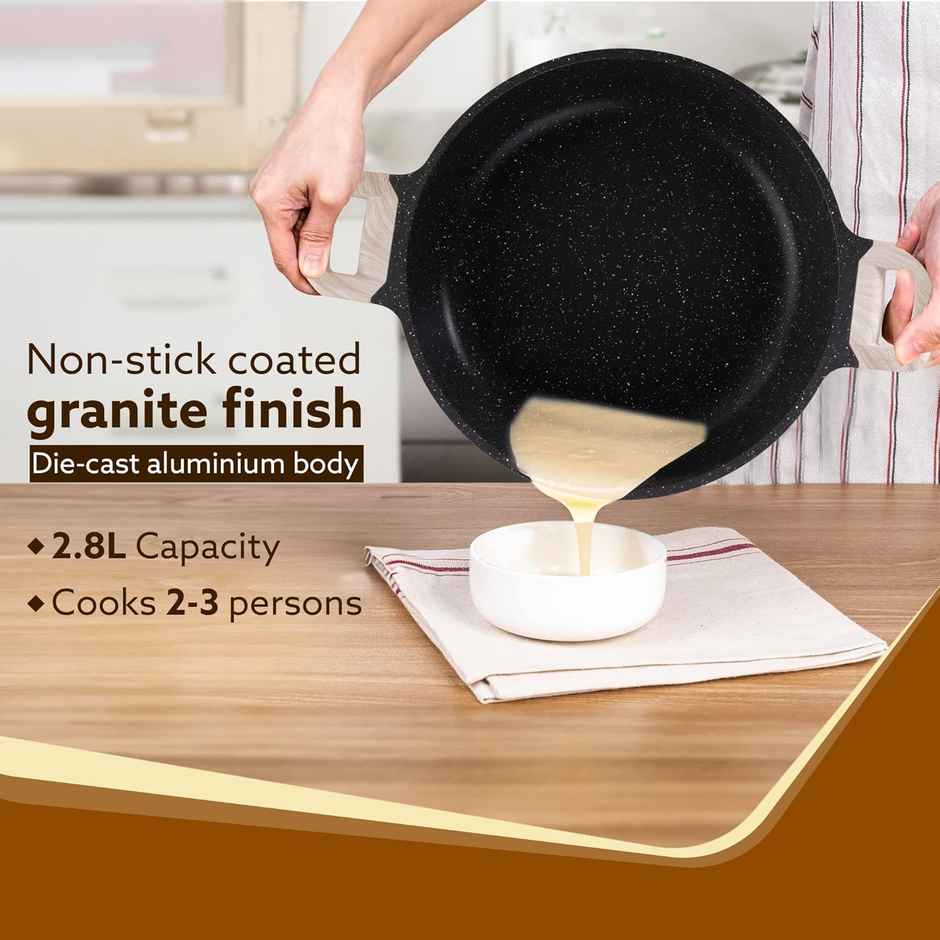 Agaro Imperial Granite Non Stick Kadai With Glass Lid, 2.8L - 24Cm, Deep Frying Pan Dark Grey