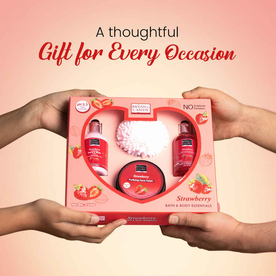 Bryan & Candy Strawberry Heart Kit Combo|Shower Gel|Hand-Body Lotion|Body Polish|Loofah|Pack Of 3