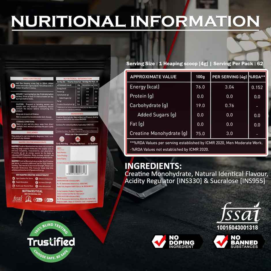 Nakpro Micronised Creatine Monohydrate Powder |Trustified Certified | Fruit Punch
