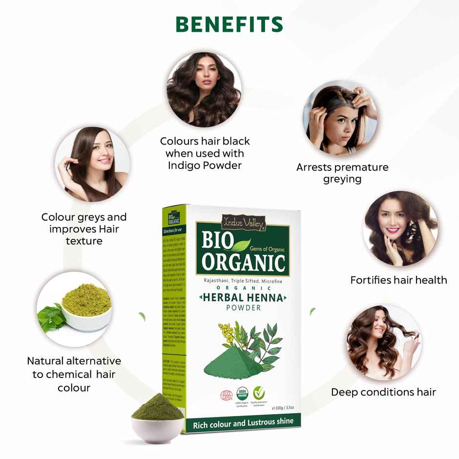 Bio Organic Natural Herbal Henna Powder by Indus Valley for Natural Hair Colour
