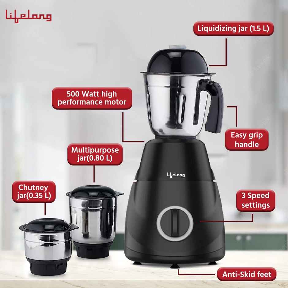 Lifelong LLMG300 Power Pro LX  Mixer Grinder, 500-Watt, with 3 Jars (Liquidizing, Grinding and Chutney Jar) Stainless Steel blades,(Black)