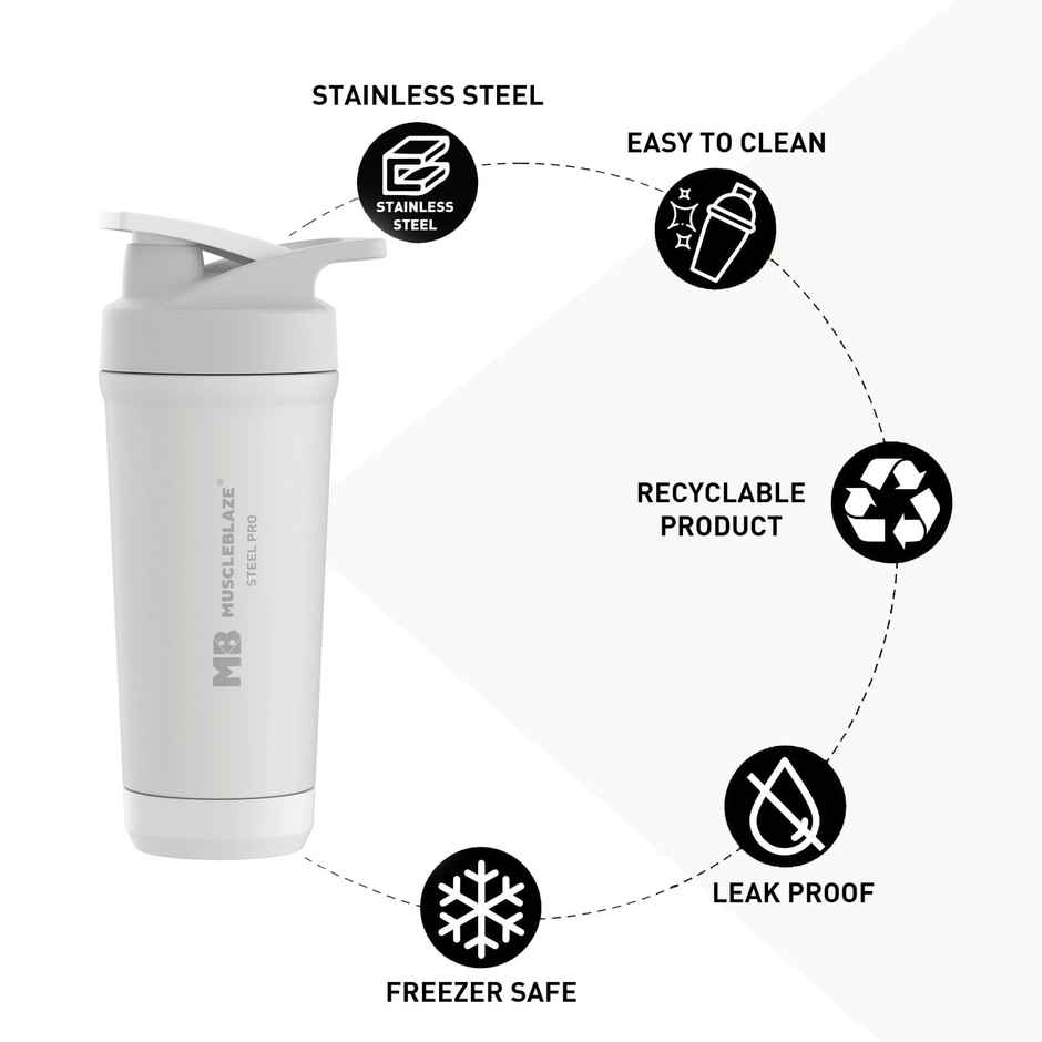 MuscleBlaze Stainless Steel Gym Shaker Pro - White