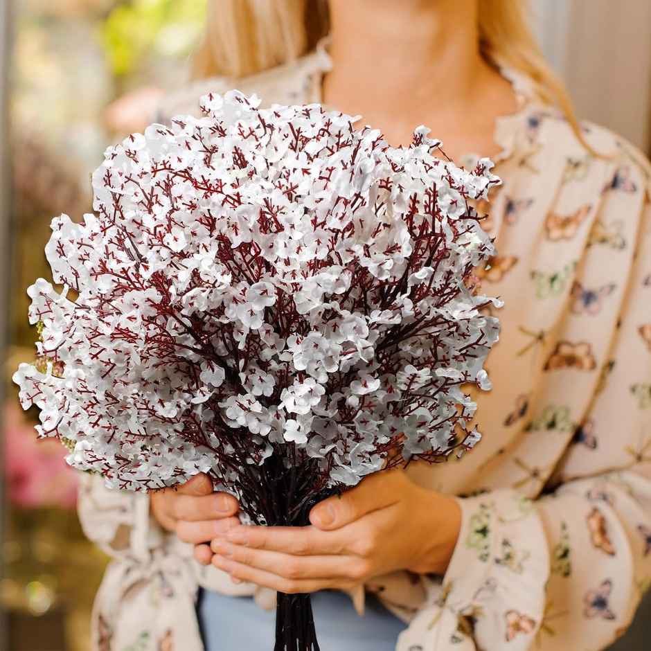 Artificial Baby Breath Gypsophila Flowers Bunch Pack  of 5 | Vase Not Included | Tied Ribbons