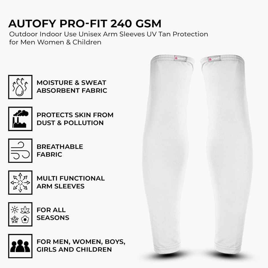 Autofy Pro-Fit 240 Gsm Unisex Arm Sleeves Uv Protection All Weather Use | Pack Of 2 / 4 Pcs | White